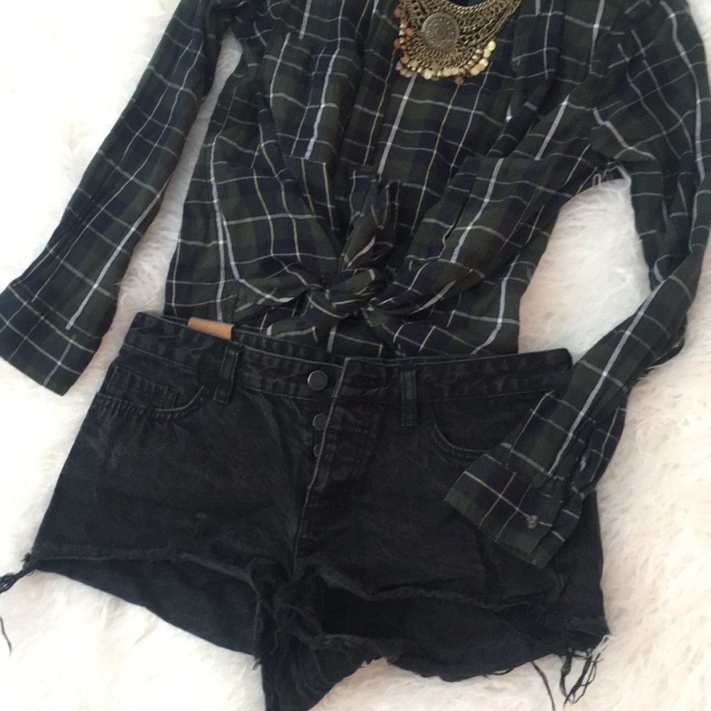 Black distressed button up Jean shorts.